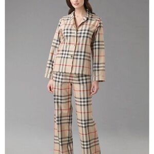 Burberry Beige Nova Check Cotton Pajama Set with Black & Red Stripes